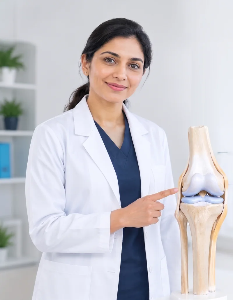 Jivanurja doctor pointing to the cartilage on a knee joint model