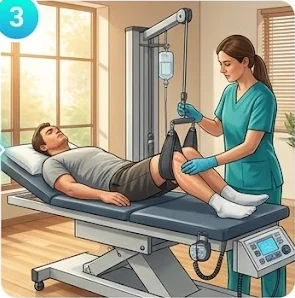 A therapist adjusting a traction machine on the leg of a patient lying on a treatment table.