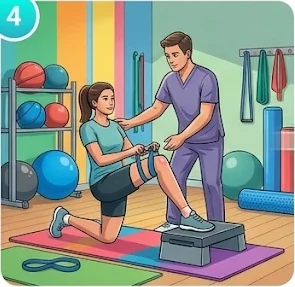A physiotherapist guiding a patient through a knee-strengthening exercise in a gym.