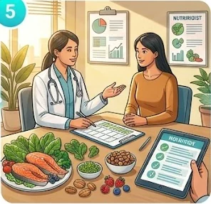 A nutritionist discussing a diet plan with a patient over a table of healthy foods.