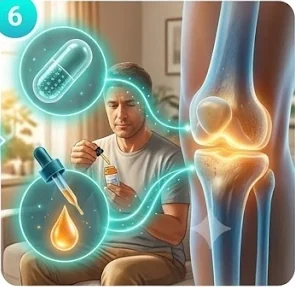 A patient taking herbal drops, with a capsule and an oil drop linked to a glowing knee joint.